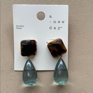 Tortoise Drop Earrings with Turquoise Bead